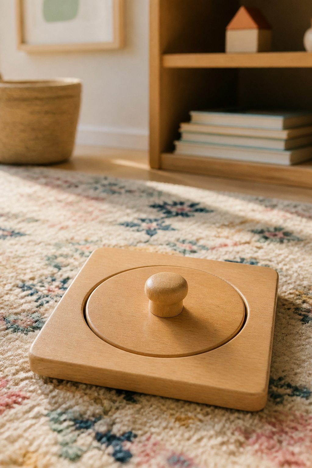 A simple wooden puzzle with a single shape and a knob.