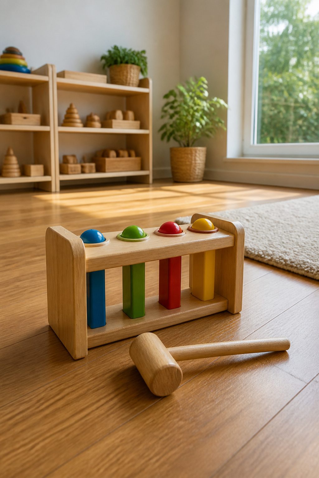 A wooden hammer toy and pounding bench set up for play.