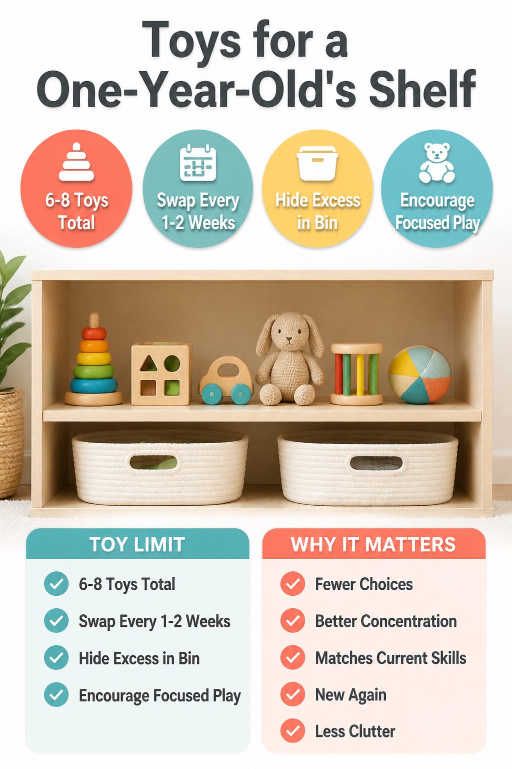 A shelf displaying six to eight toys for a one-year-old.