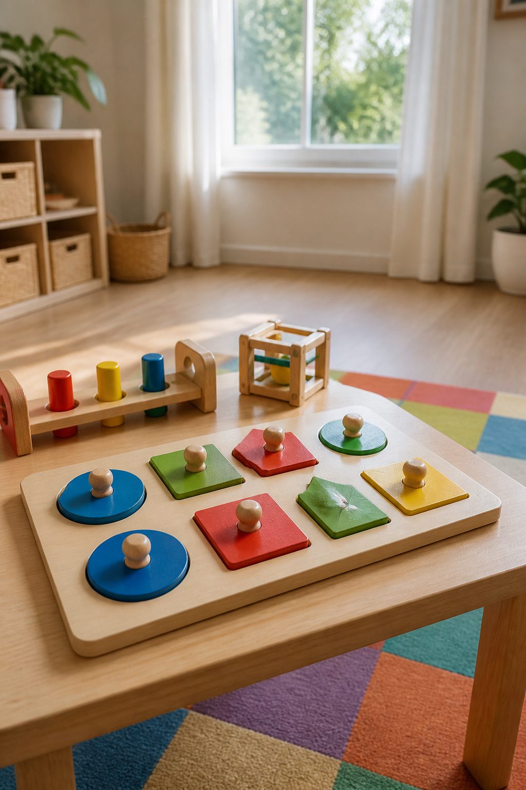 A colorful large wooden peg puzzle featuring various shapes.