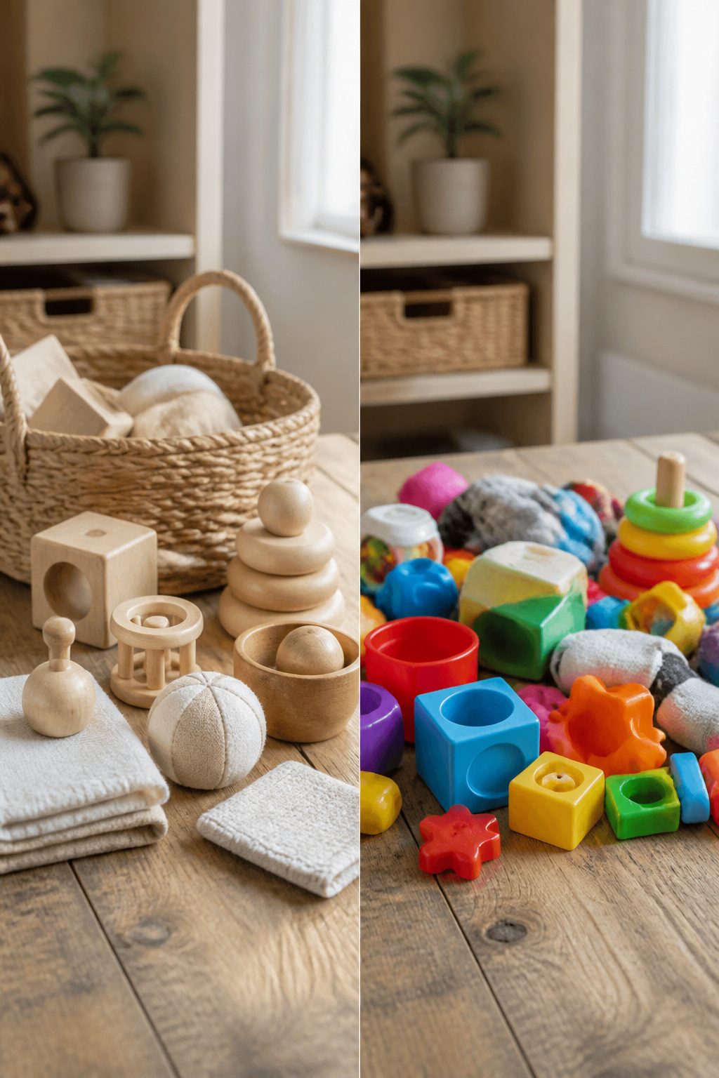 Various natural materials used in Montessori toys displayed together.