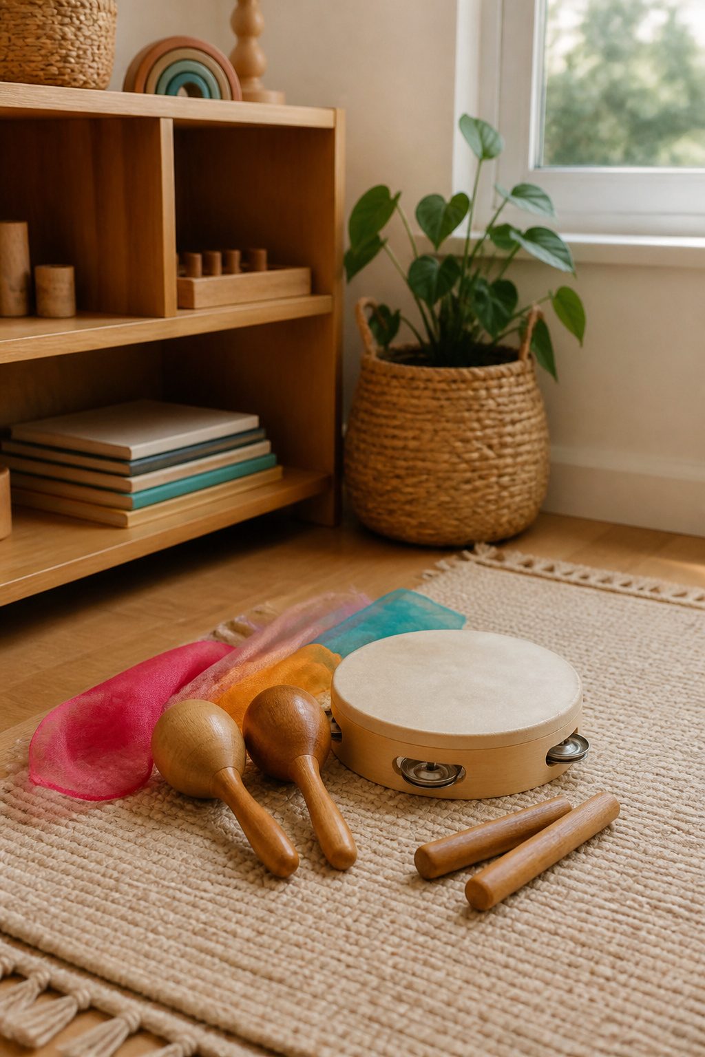 A pair of wooden maracas and a tambourine on a fabric swatch.