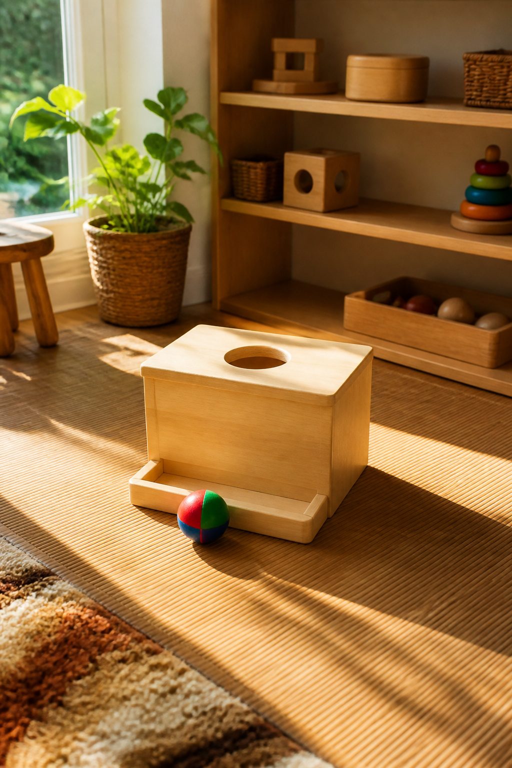 A wooden object permanence box with a colorful ball beside it.