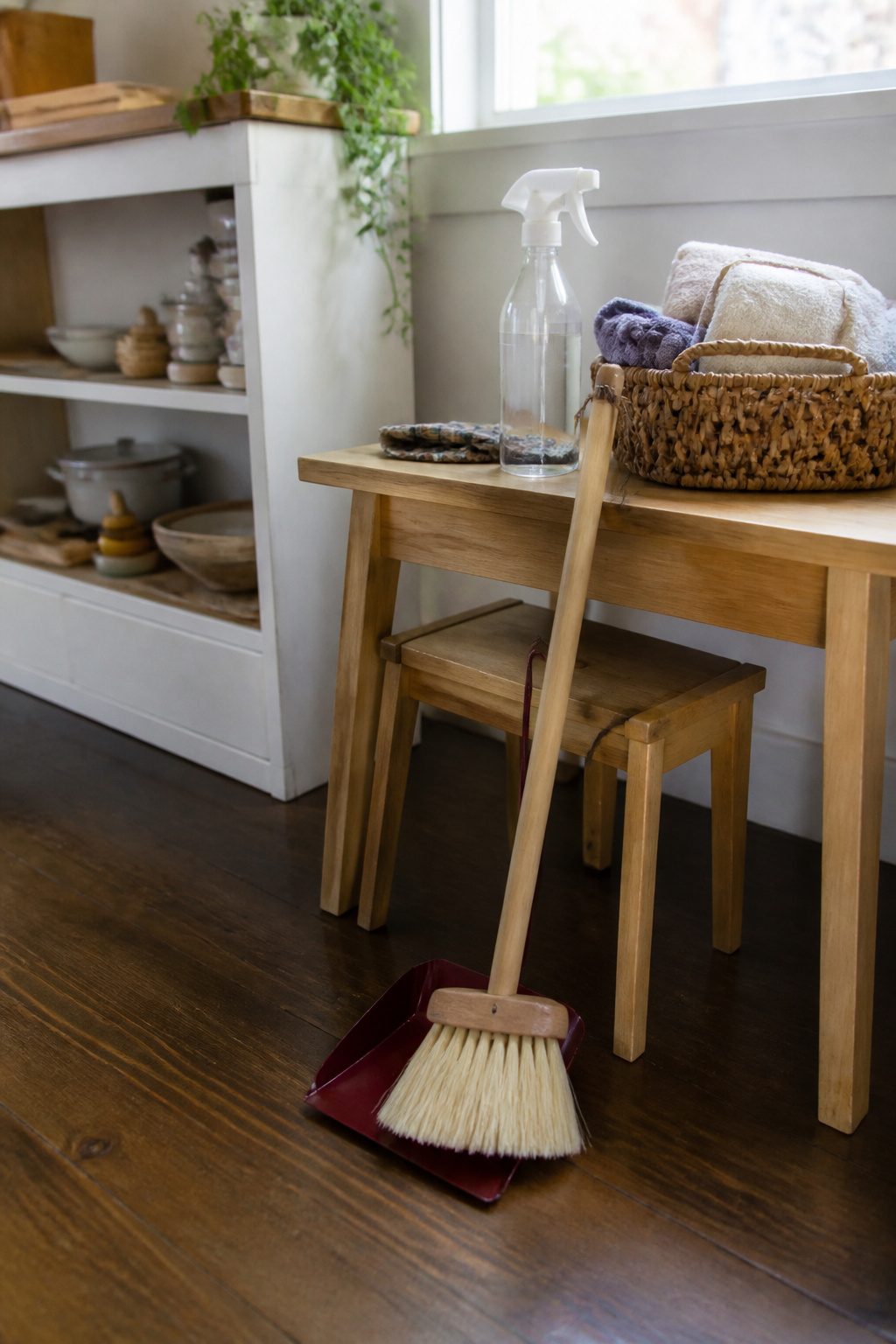 A small broom and dustpan leaned against a child-sized table.