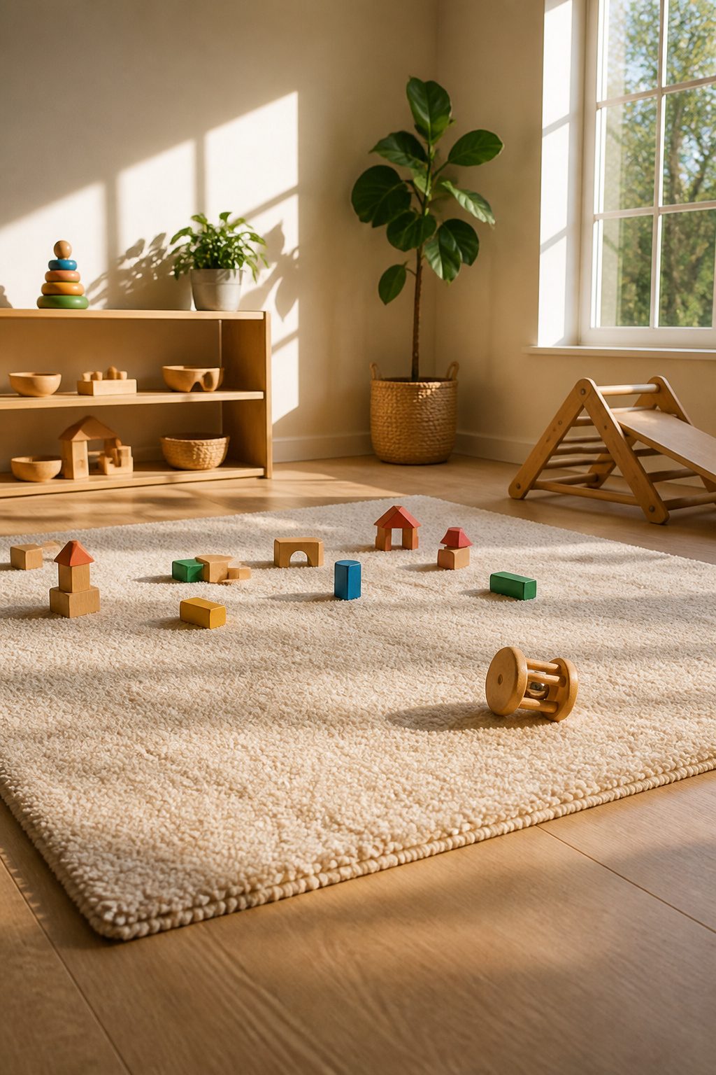 A rolling bell set up just out of reach on a play mat.