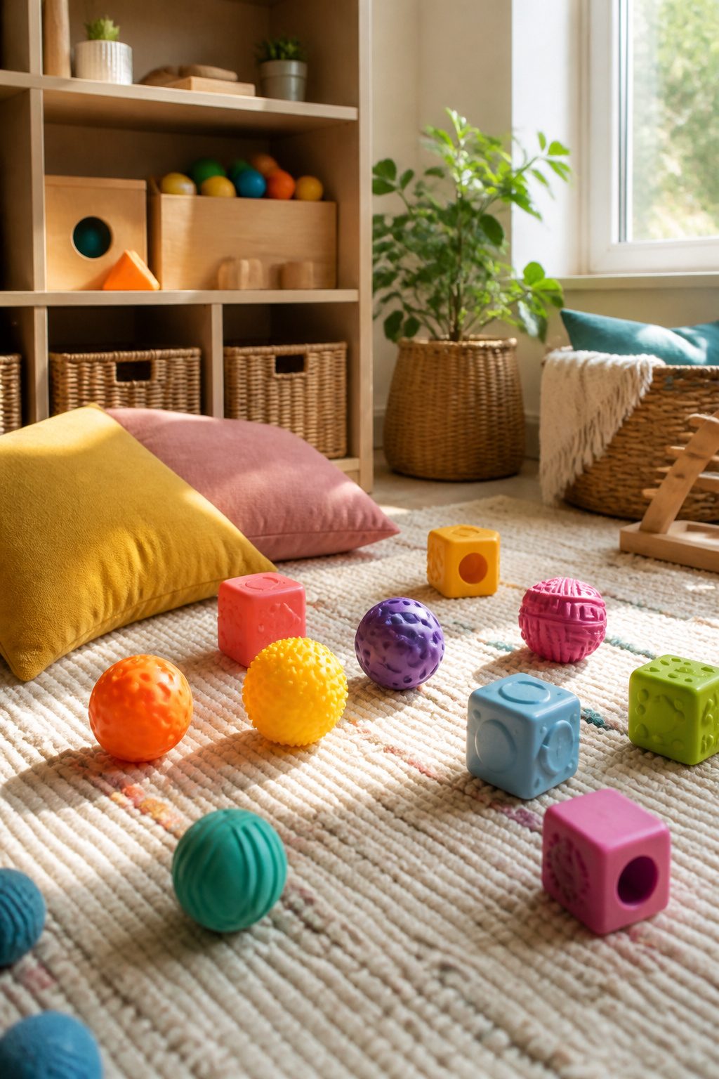 A collection of sensory balls and cubes on a textured rug.