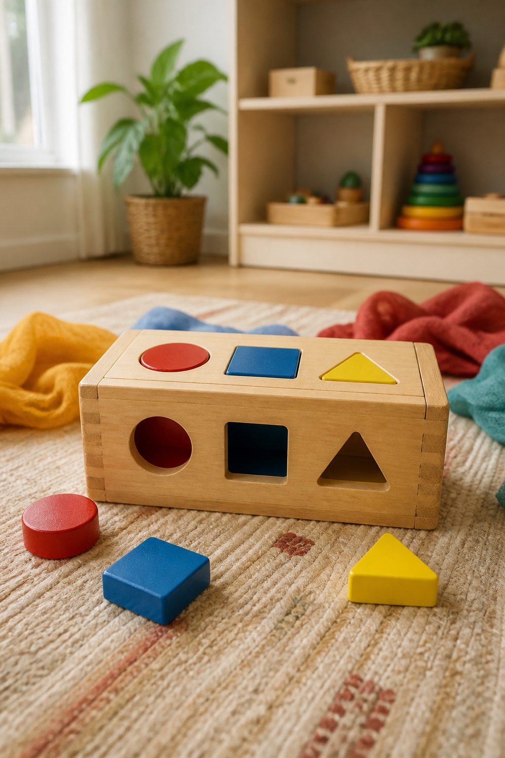 A wooden shape sorter with a few different shapes on a table.