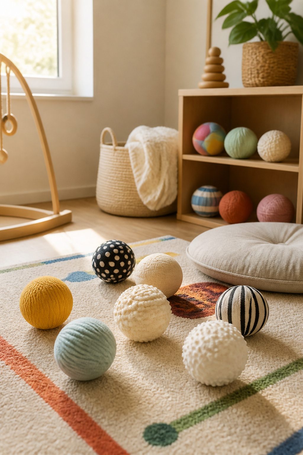 A collection of soft balls on a bright play rug.