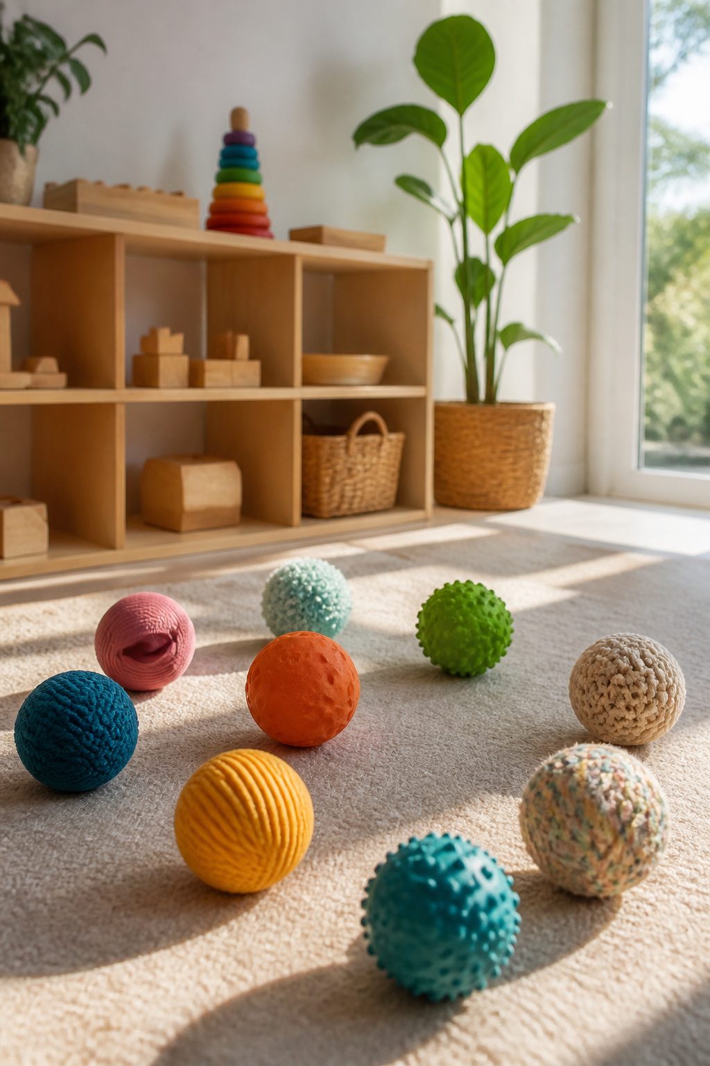 A variety of textured balls spread across a soft mat.