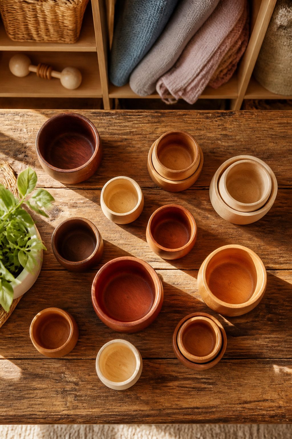 A set of wooden stacking and nesting cups in different sizes.