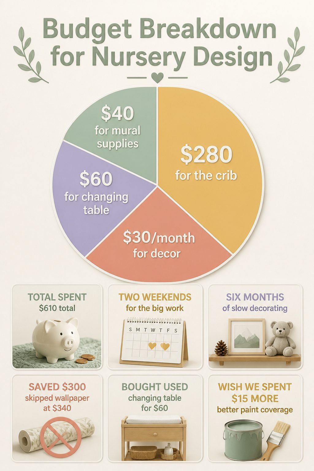 A detailed budget breakdown for nursery design expenses.