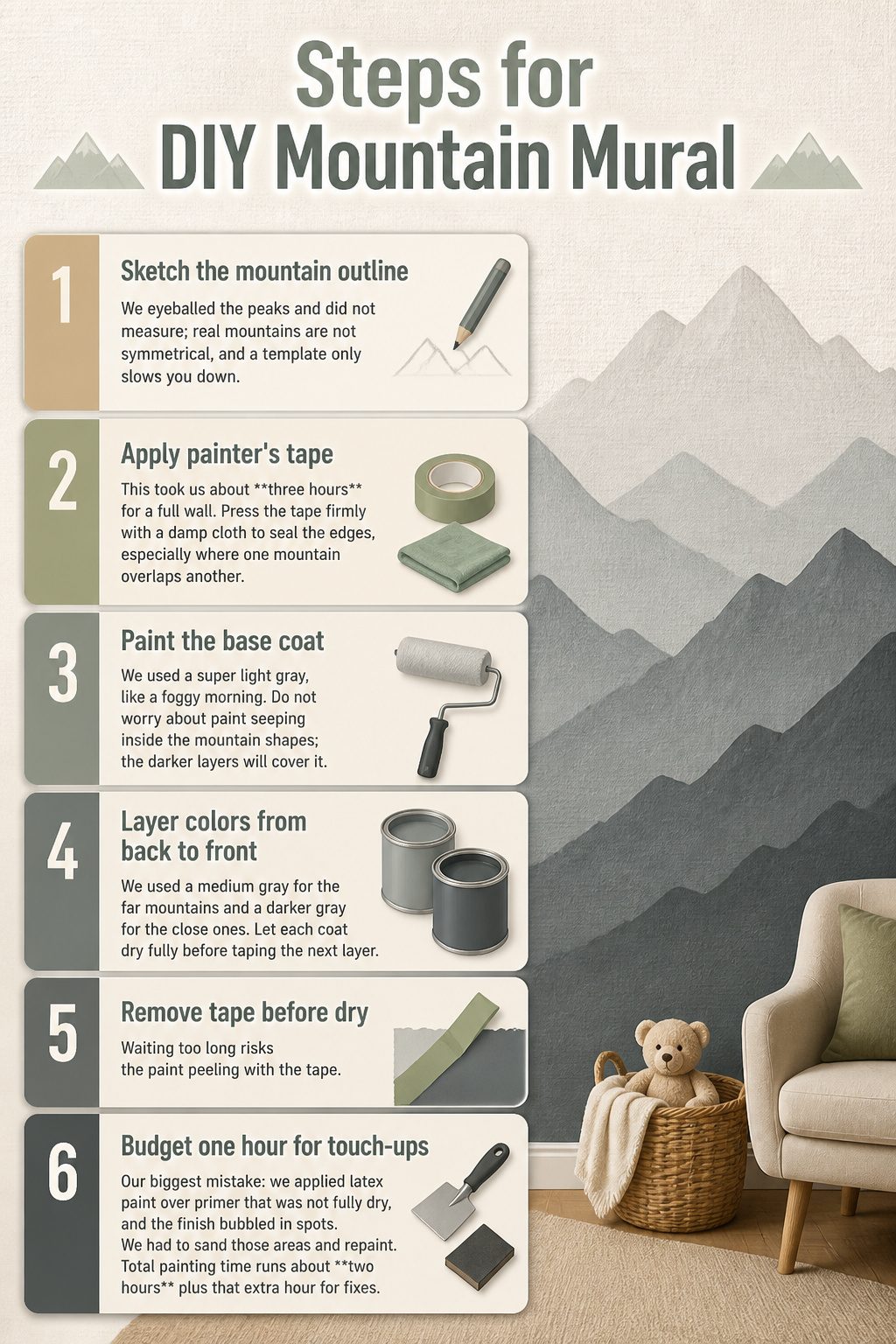 Instructions for painting a mountain mural on a nursery wall.