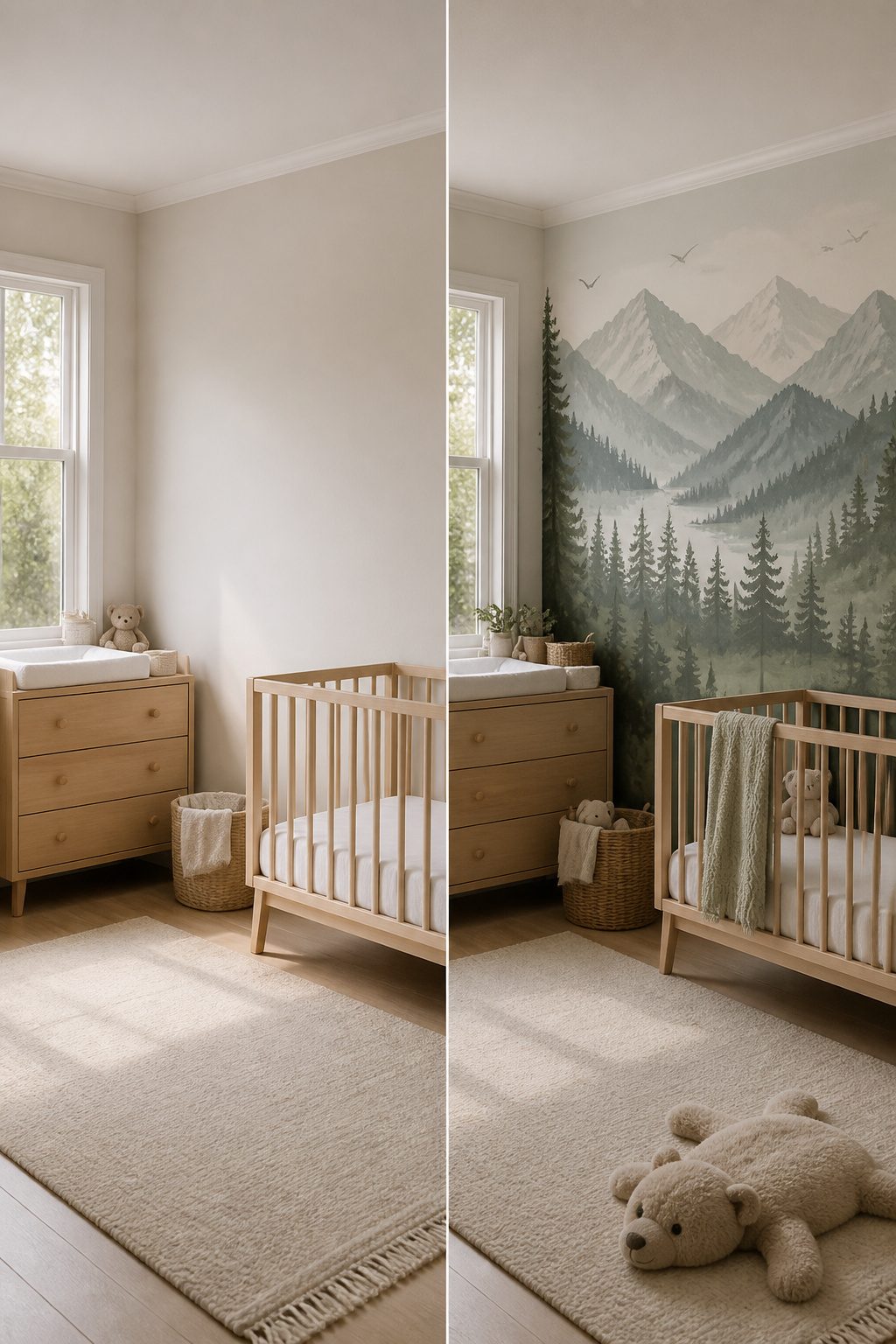 A wall covered in mountain wallpaper with a repeating pattern.