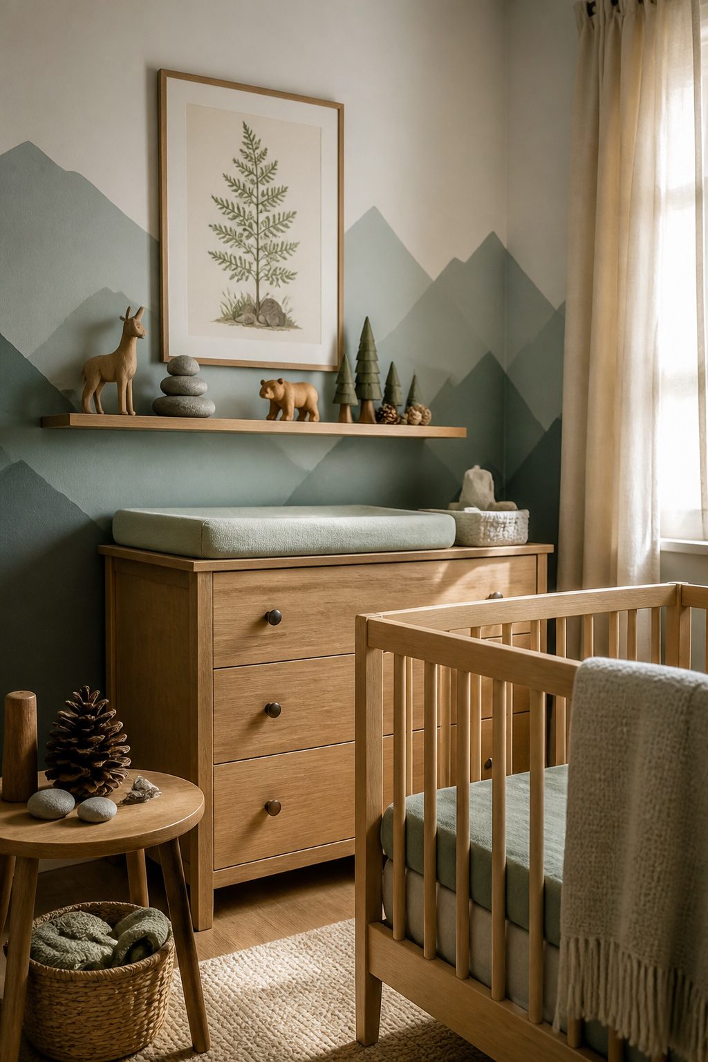 A dresser displaying animal figurines and pinecones in a nursery.