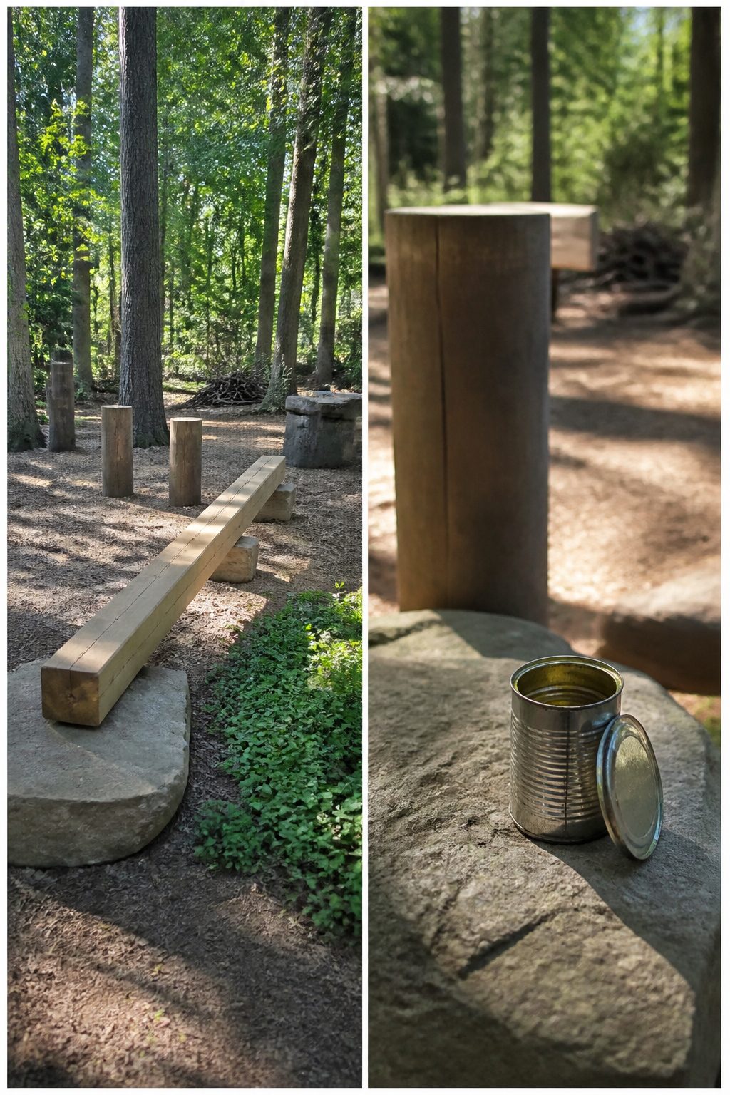 Person inspecting and maintaining a natural playground area.