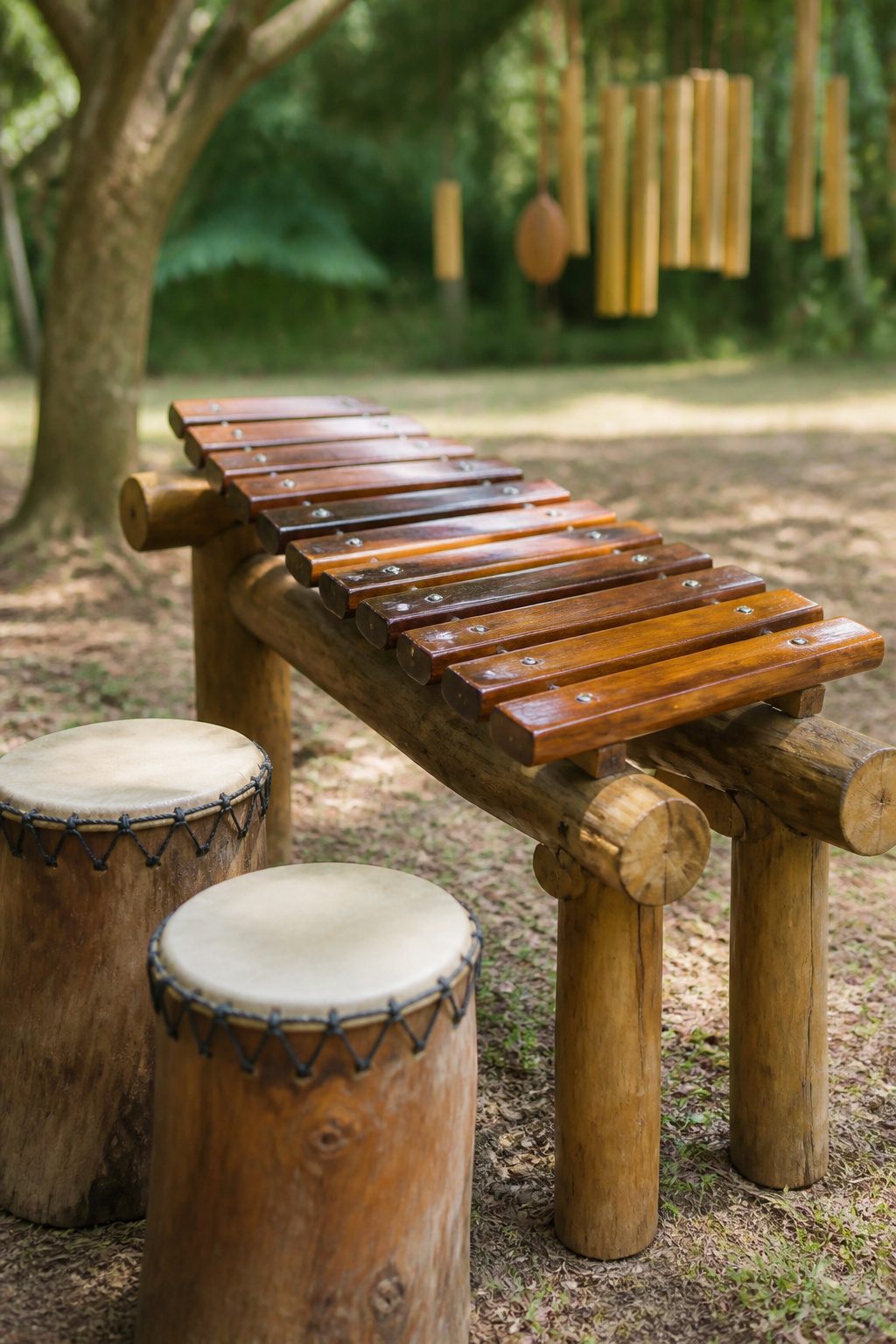 Wooden xylophone and drum stumps in a natural playground.