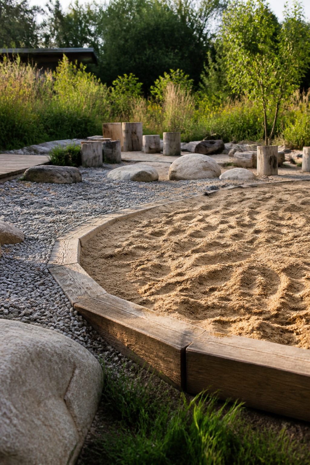 Vibrant sand pit next to a light gray gravel area in a playground.