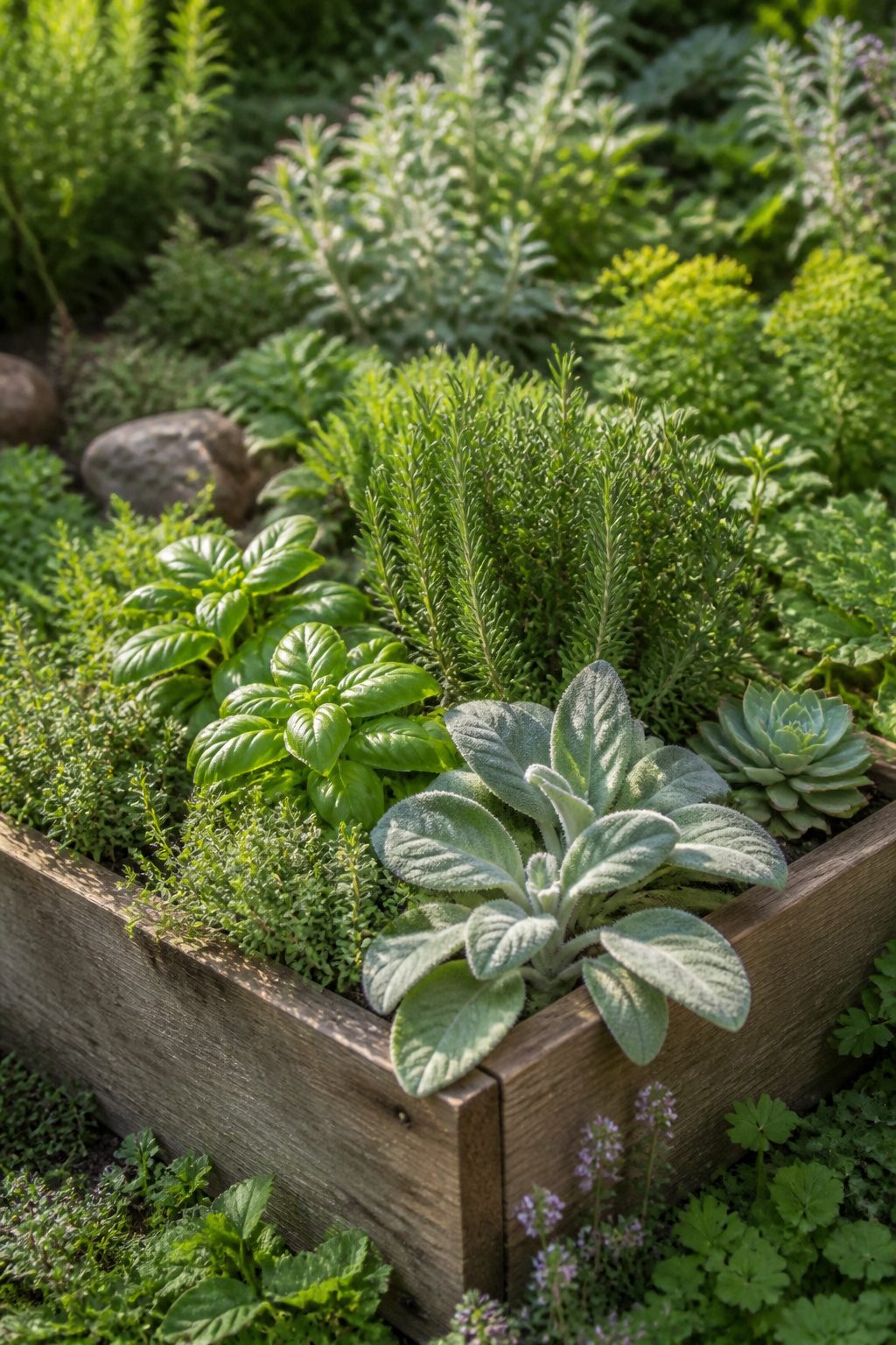Planter box filled with herbs and succulents in a sensory garden.