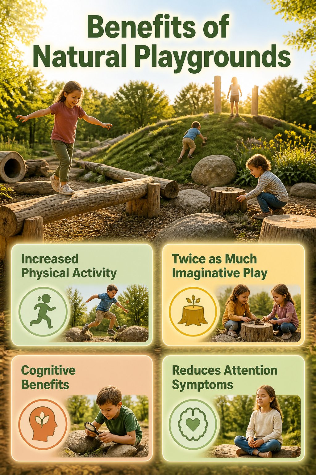 Children engaging in play on a natural playground.