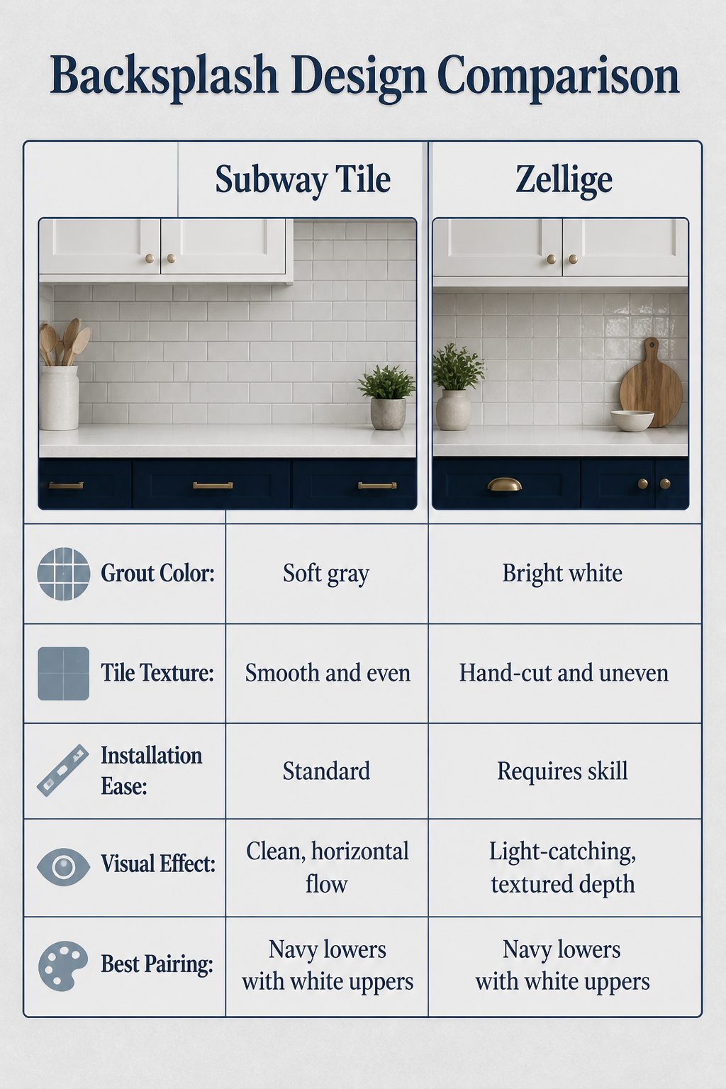 10 Navy and White Kitchen Cabinet Ideas for 2026 12 Image comparing backsplash designs for navy and white kitchens.