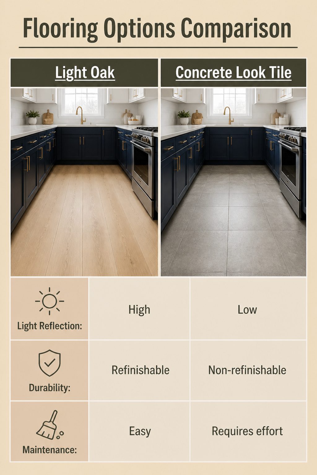 10 Navy and White Kitchen Cabinet Ideas for 2026 13 Image comparing flooring options for kitchens with navy cabinets.