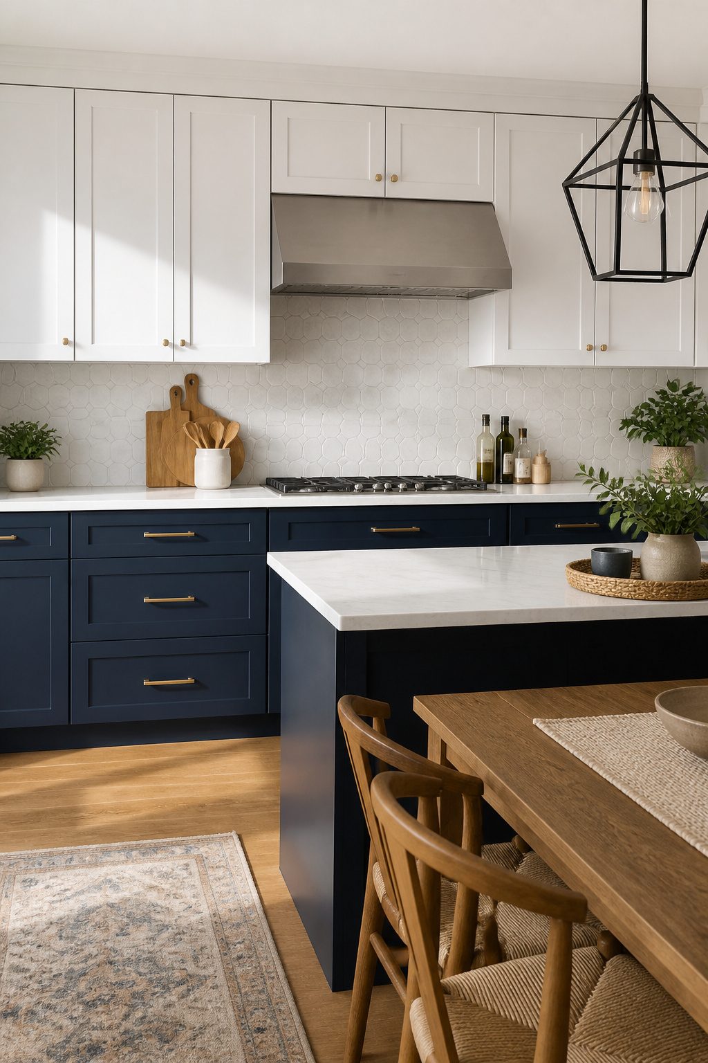 10 Navy and White Kitchen Cabinet Ideas for 2026 3 Modern kitchen with geometric backsplash and navy lower cabinets.