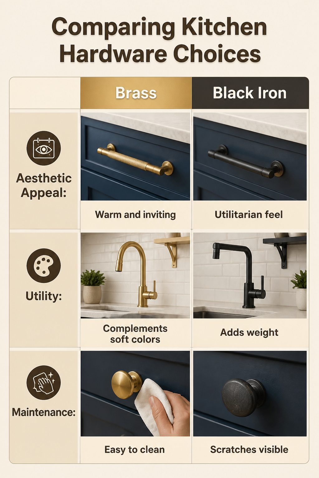 10 Navy and White Kitchen Cabinet Ideas for 2026 11 Comparative image of kitchen hardware choices for navy cabinets.