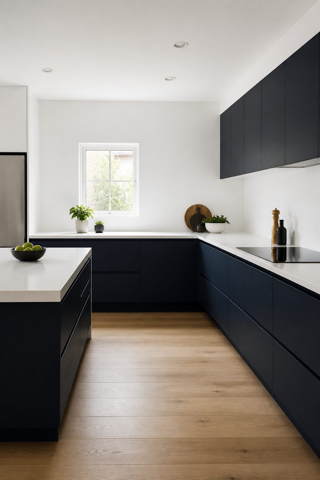 10 Navy and White Kitchen Cabinet Ideas for 2026 10 Sleek kitchen with slab-front navy cabinets and white countertops.