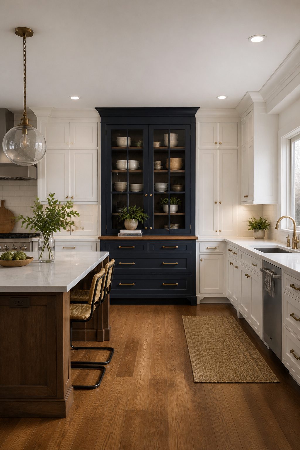 10 Navy and White Kitchen Cabinet Ideas for 2026 7 Kitchen showcasing a navy built-in hutch against white cabinets.