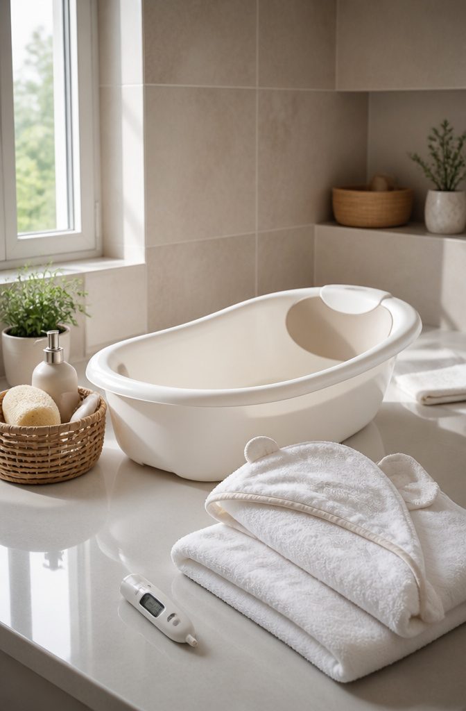 Baby tub on a counter with hooded towels nearby.