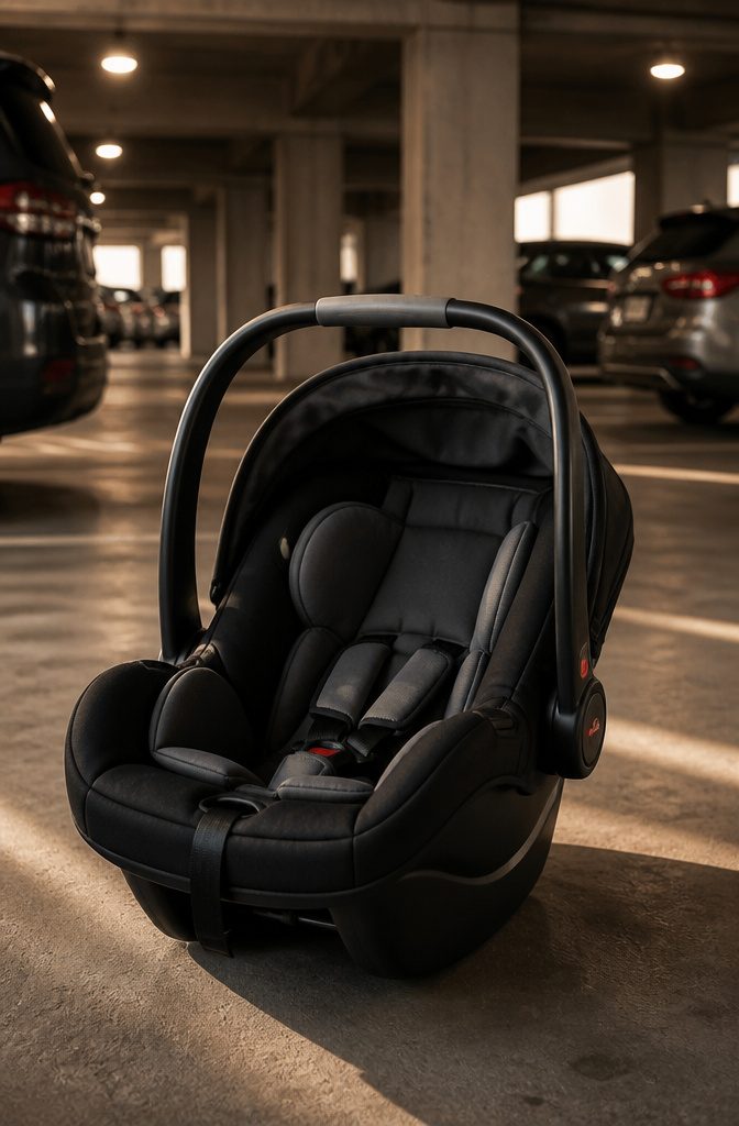 Installed infant car seat in a vehicle.