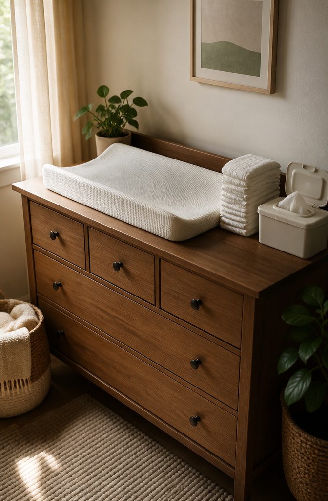 Changing pad on a wooden dresser with diapers and wipes.