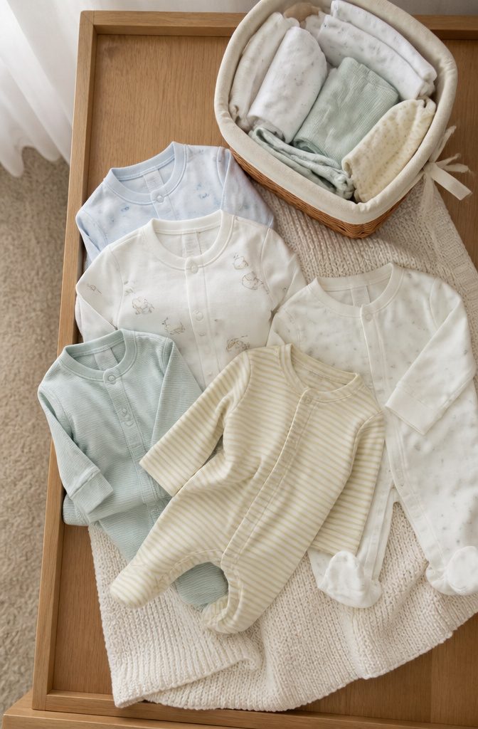 Collection of onesies and pajamas for newborns.