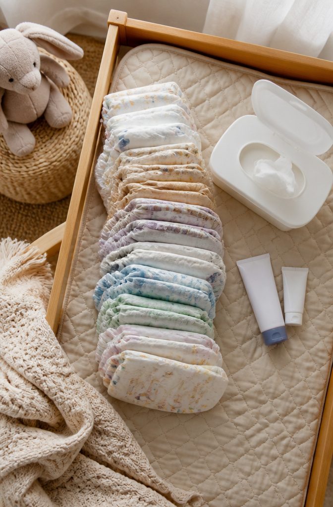 Boxes of newborn diapers and unscented wipes arranged for easy access.