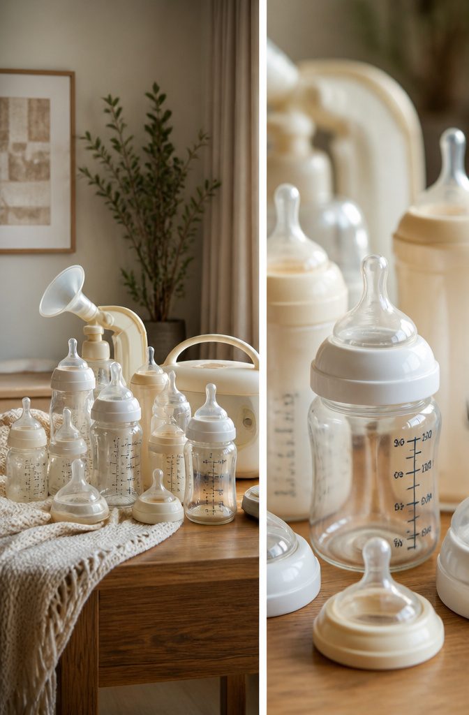 Variety of baby bottles and a breast pump on a table.