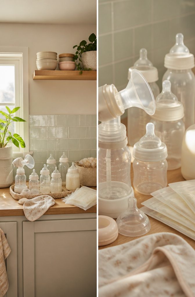 Various baby bottles and breastfeeding essentials on a table.