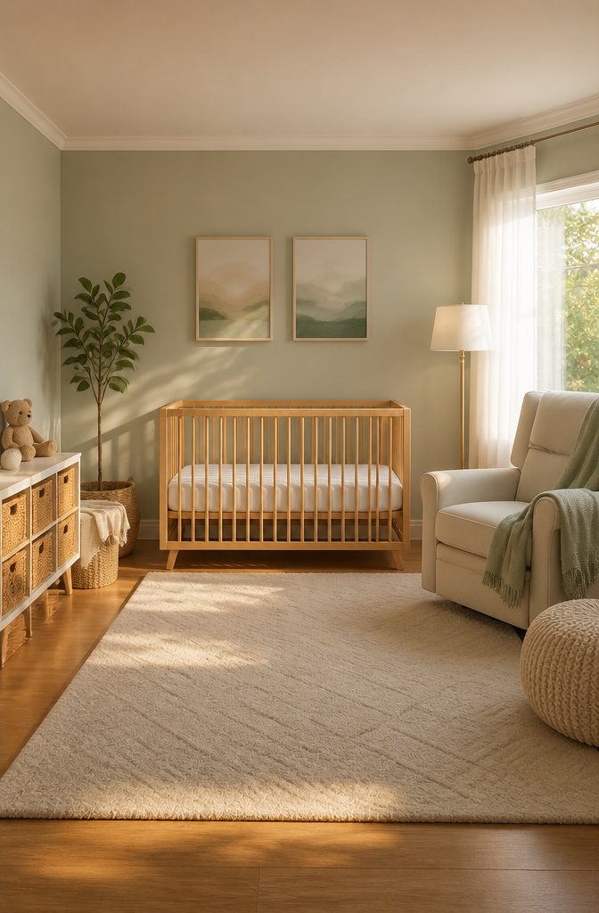 Crib with a firm mattress and fitted sheet, no soft bedding.