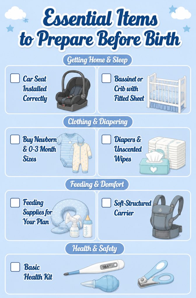 List of essential items for new parents displayed on a surface.