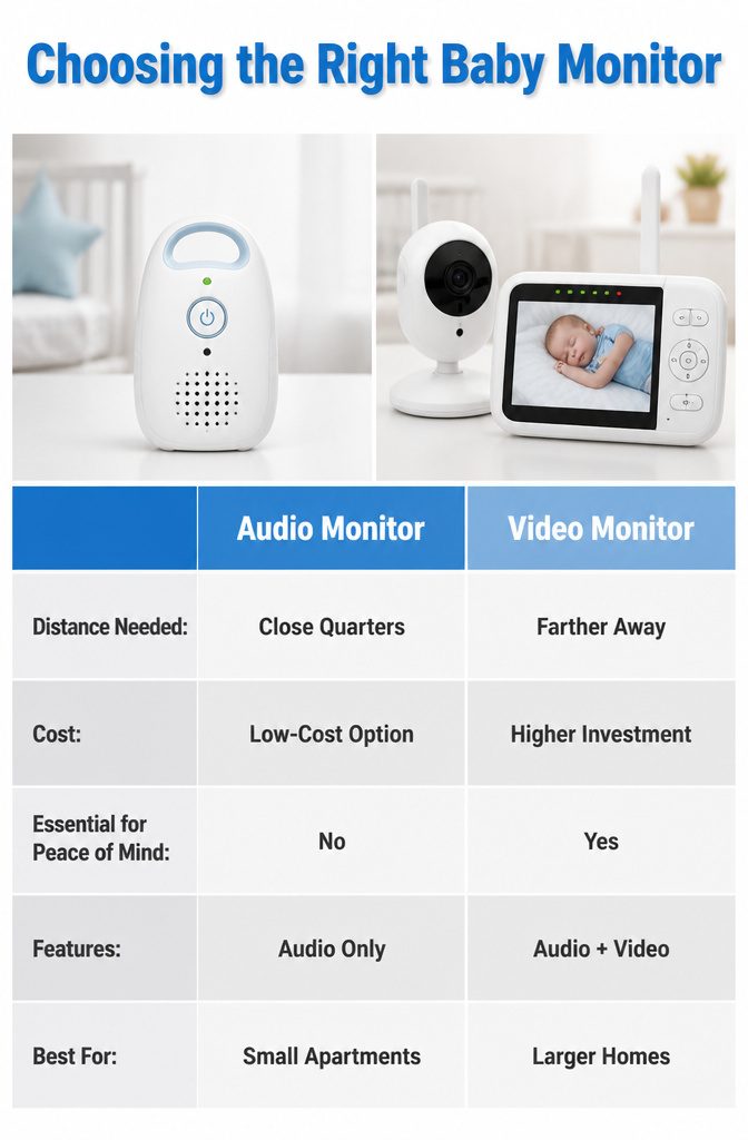 Audio baby monitor positioned in a nursery.