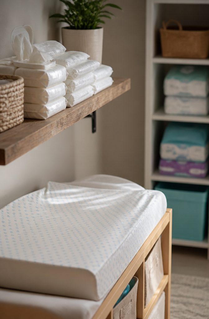 Neatly arranged unscented baby wipes on a wooden shelf.