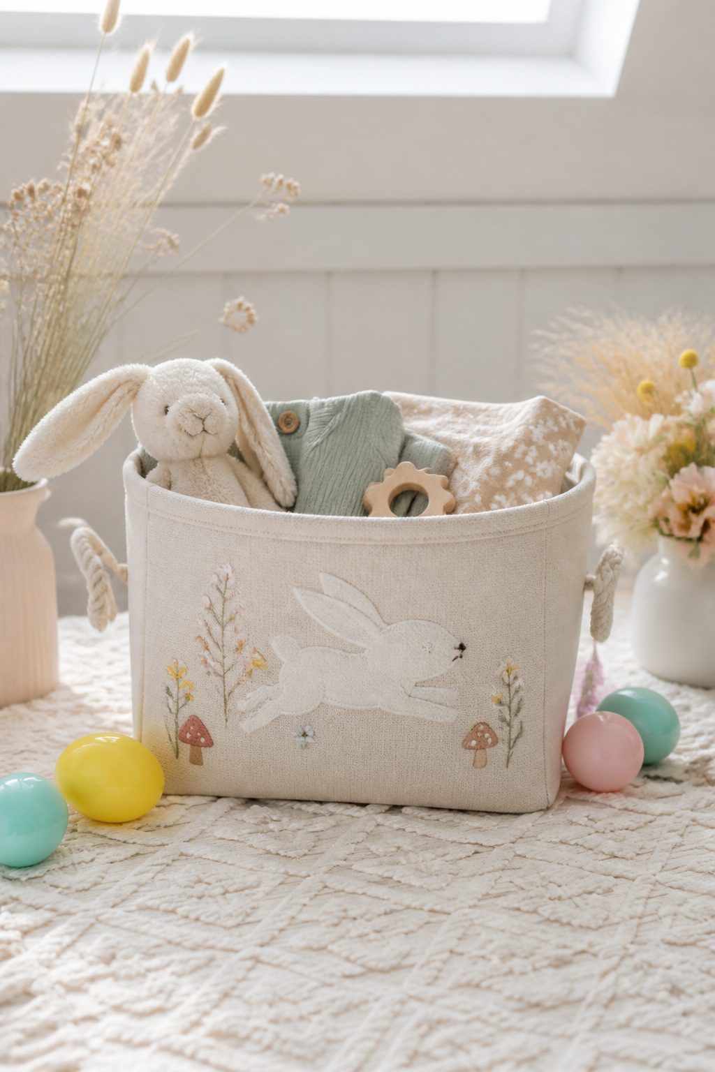 A stylish fabric storage bin featured in an Easter basket arrangement.