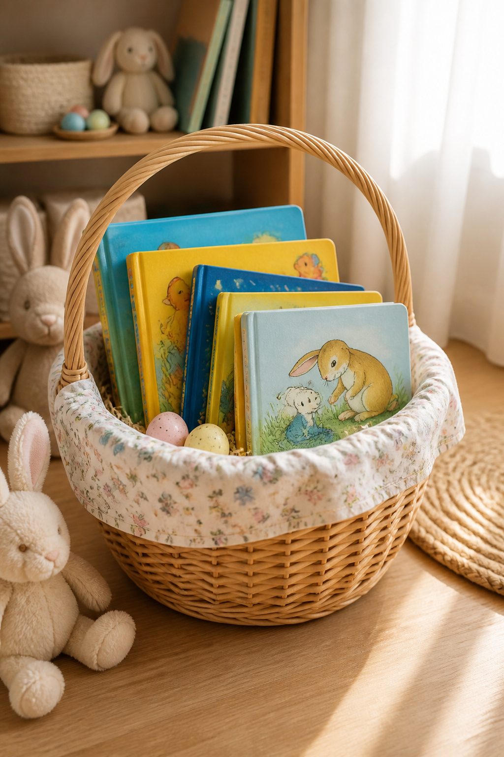 A selection of board books and cloth books for a newborn's basket.