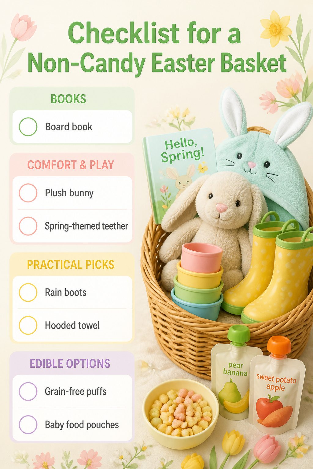 An Easter basket filled with non-candy items like books and toys.