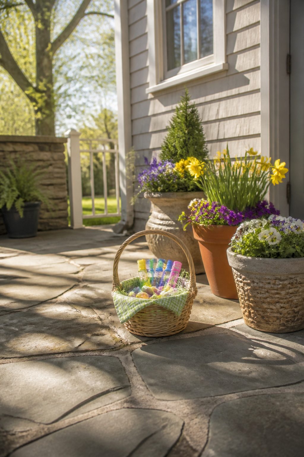 A basket containing bubbles and sidewalk chalk for outdoor activities.
