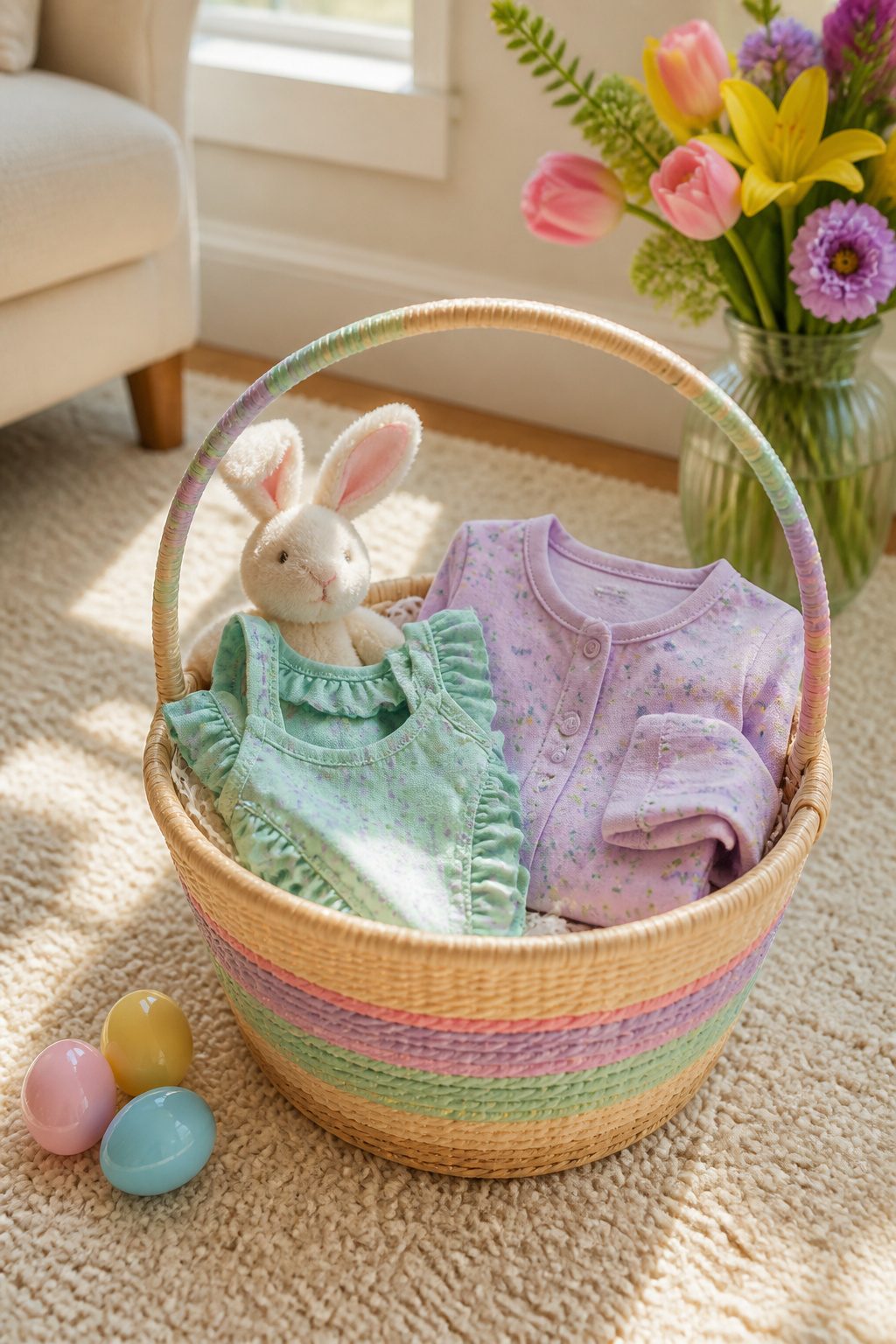 An Easter basket with a swimsuit and pajamas for a baby aged 6-12 months.