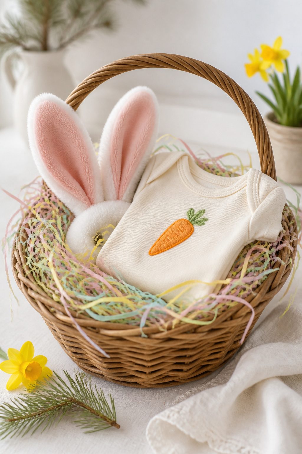 A basket with soft caps and bunny-themed clothing for a newborn.