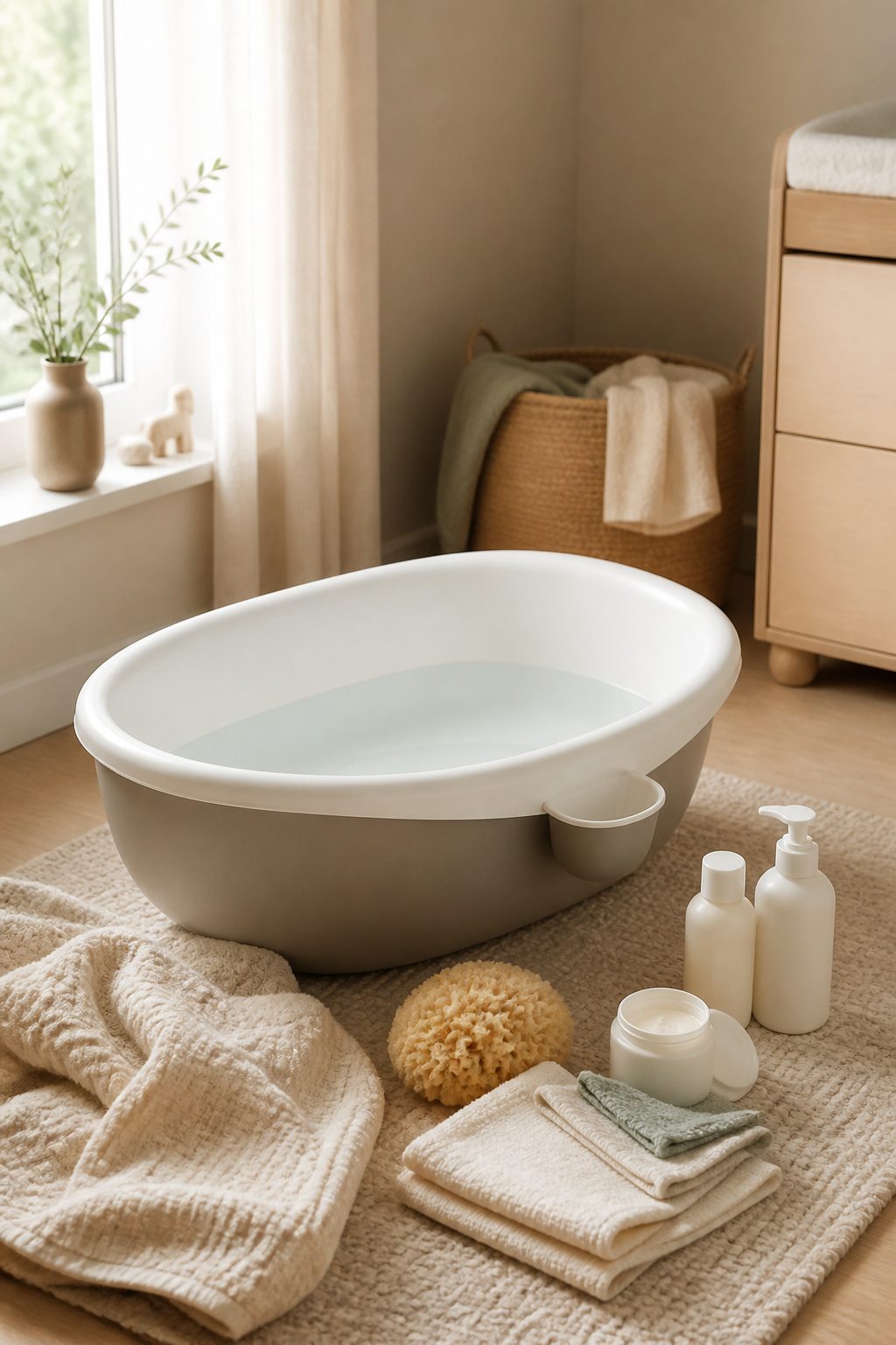 Baby bathtub with skincare products and soft towels nearby.