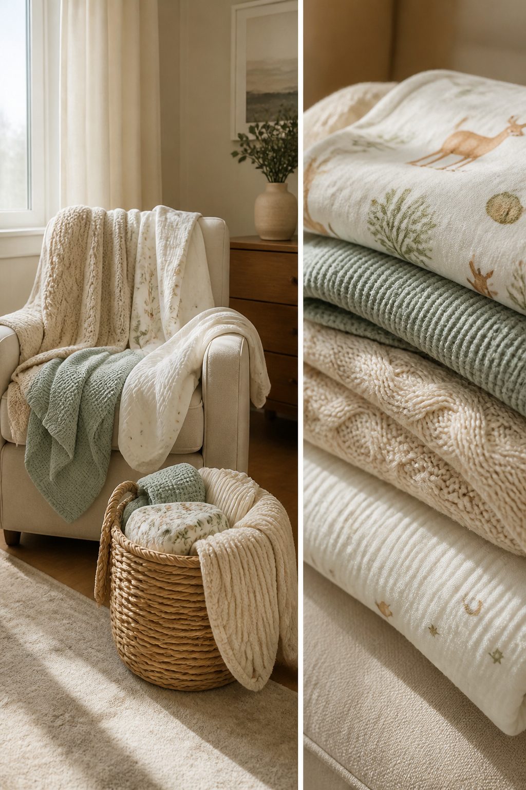 Different types of blankets, including receiving and swaddle blankets.
