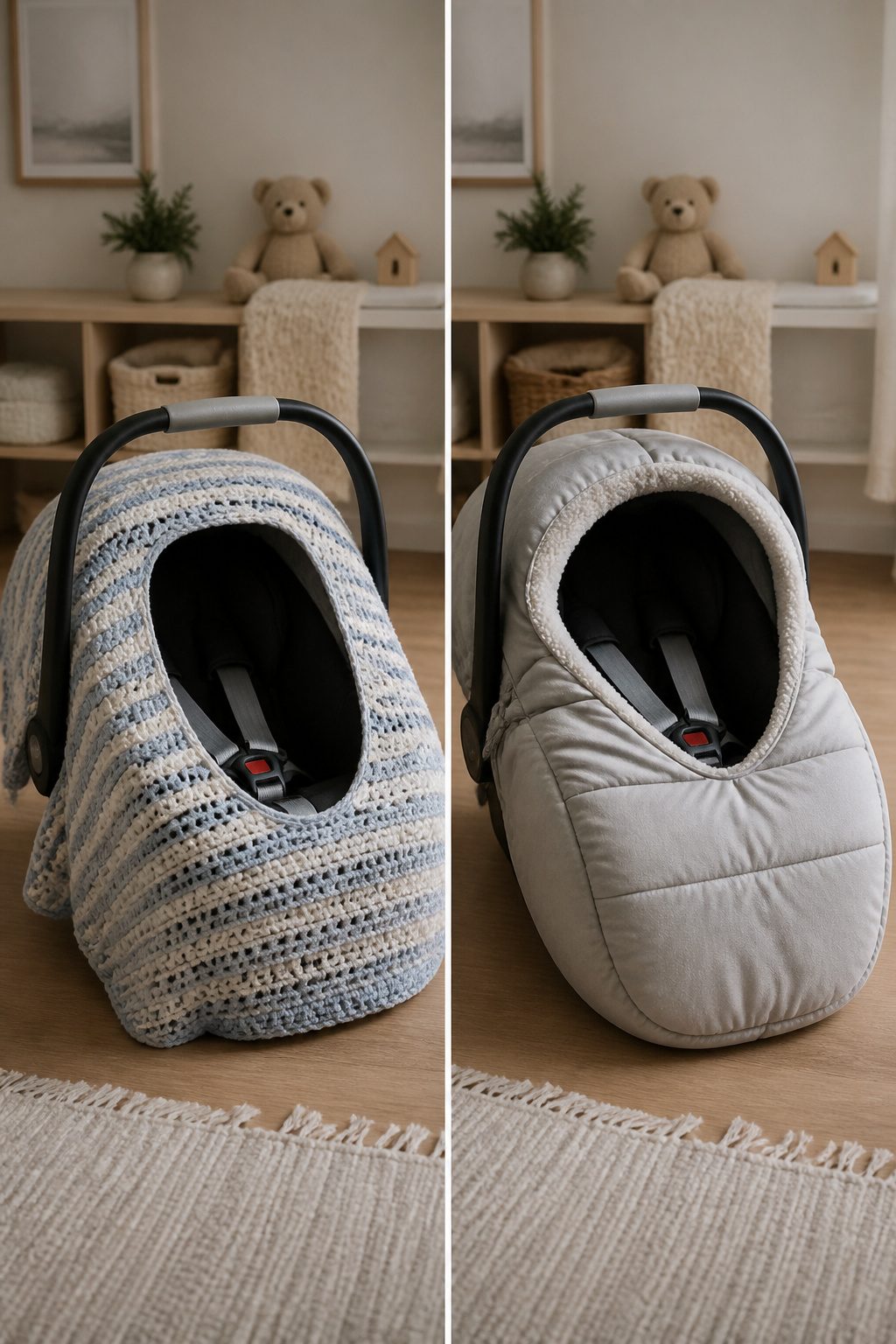 Car seat cover stretched over a car seat for winter use.