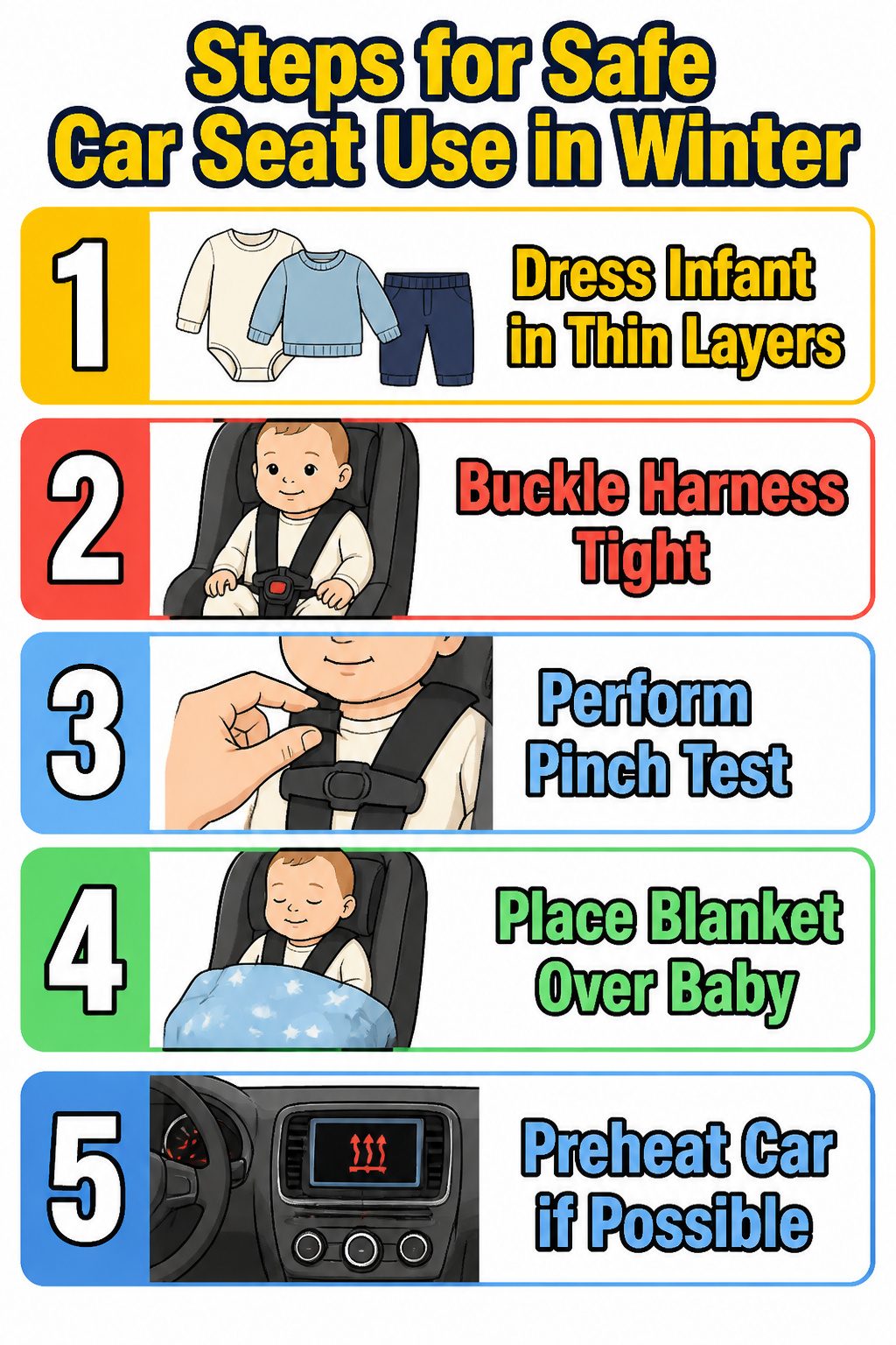 Visual guide on safe car seat use during winter months.